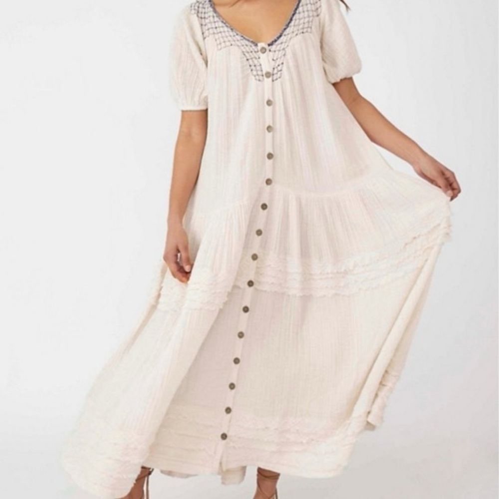 Free People Cream Maxi Dress with Button Details